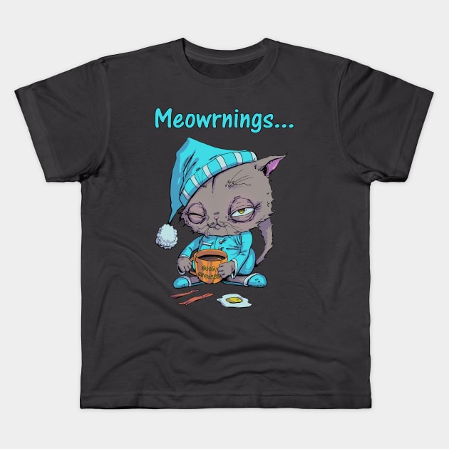 Cat Drinking Coffee and Eating Breakfast Kids T-Shirt by Hutchew